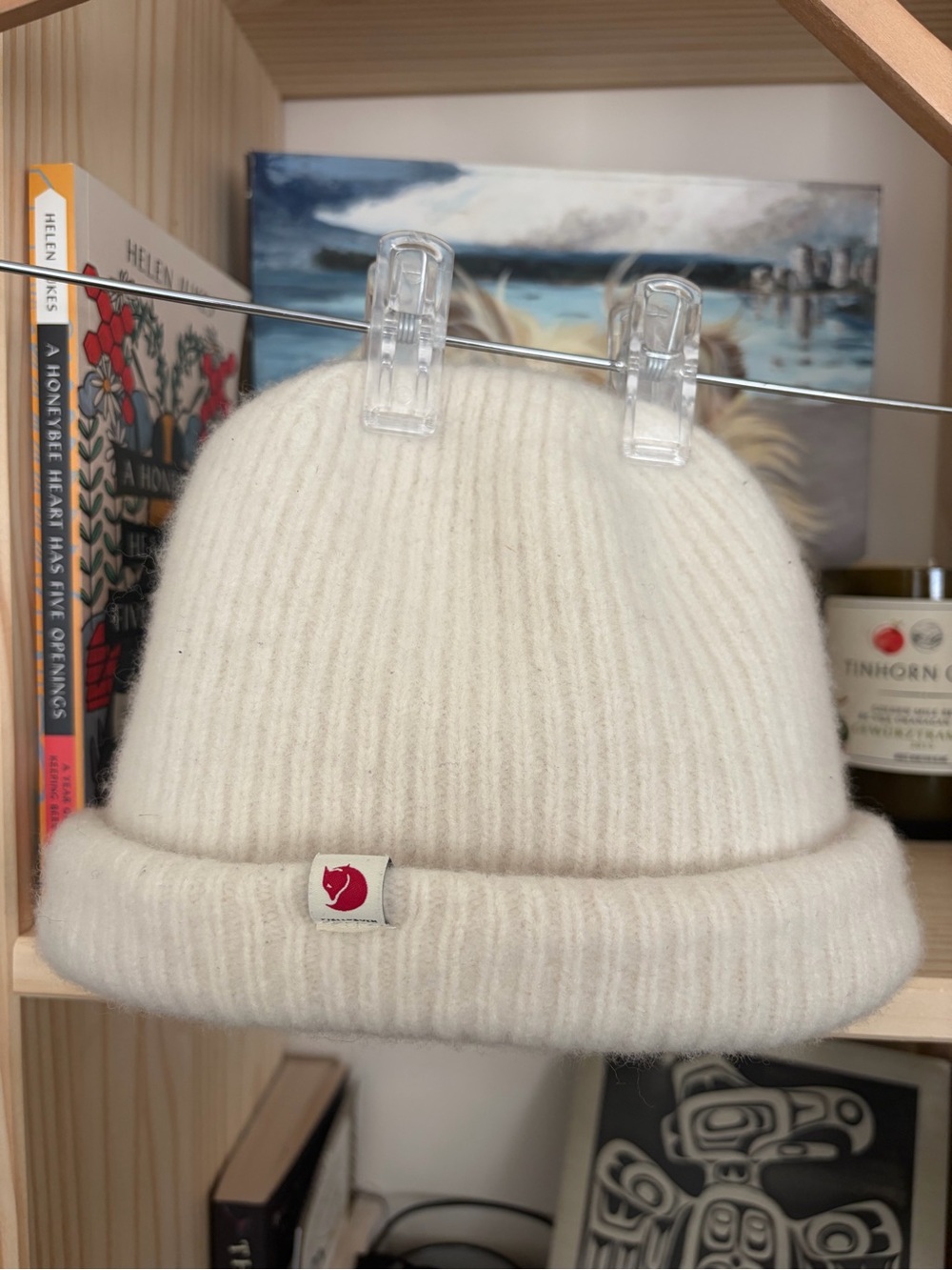 Fjallraven Cream Ribbed Knit Beanie with Red Fox Patch